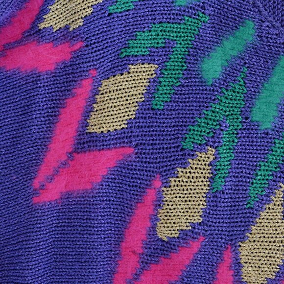 Vintage Franco Valeri Purple Knit Floral Abstract Shoulder Pad Scoop Sweater Xl - Picture 12 of 13